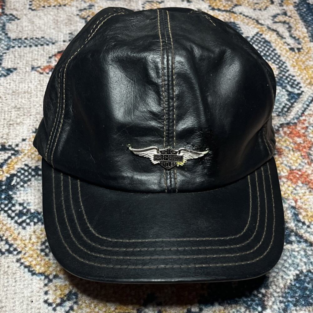 Vintage Harley Davidson Wilsons Genuine Leather Hat USA Made Black Strapback Cap